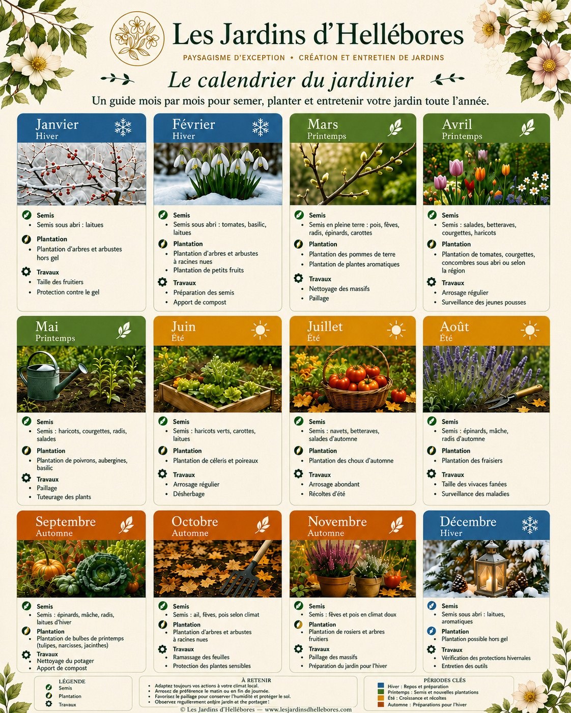 Calendrier illustré du jardin en Touraine, de janvier à décembre